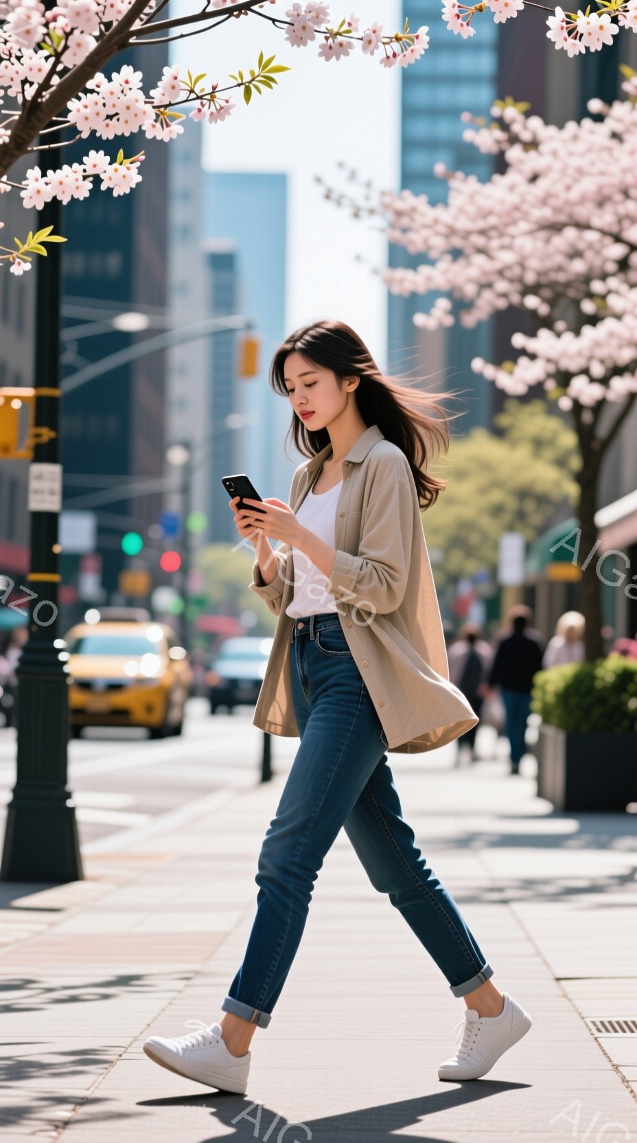 街中を歩く女性は、白いTシャツにベージュのオーバーサイズシャツ、そしてデニムジーンズと白いスニーカーを身に着けている。彼女はスマートフォンを見つめ、少し前かがみの姿勢で歩いている。背景には高層ビル群と - AI生成フリー素材