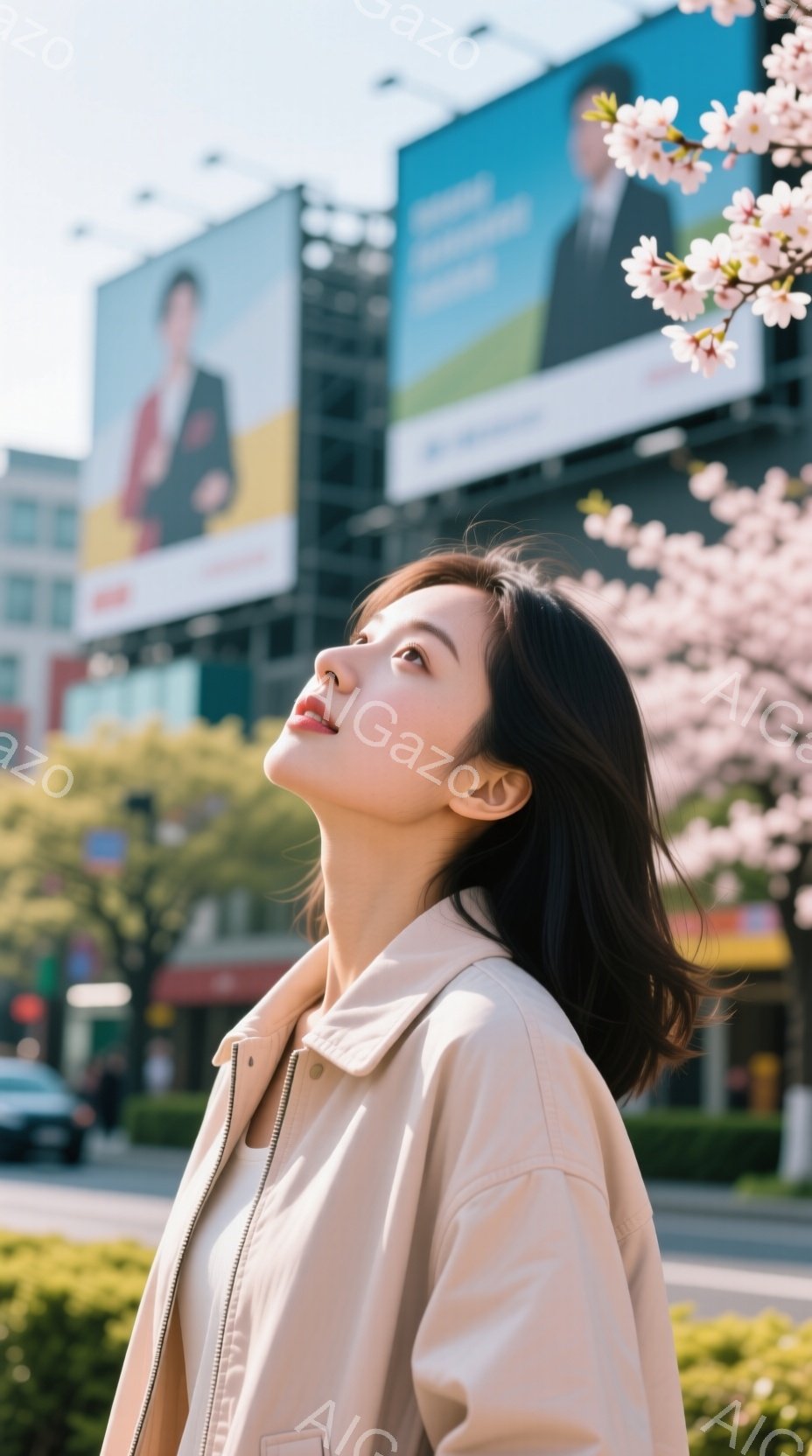 彼女はベージュ色のジャケットを着ており、肩までの長さの黒髪が風になびいています。顔を上に向けて、穏やかな表情で空を見上げています。背景には高層ビル群と桜並木があり、晴れた日の穏やかな春の風景が広がって - AI生成フリー素材