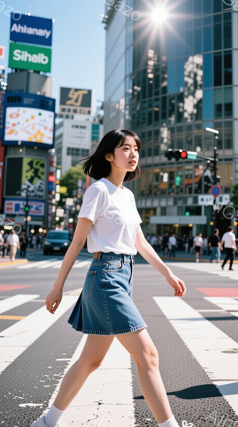 若い女性が、白のTシャツとデニムのスカート、白い靴下とスニーカーを履いて、横断歩道を歩いている。彼女は少し横を向き、リラックスした表情で、夏の強い日差しの中、都会の風景を背景に歩いている。背景には高層 - AI生成フリー素材