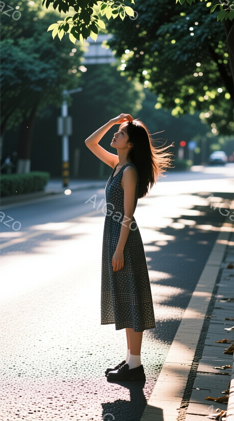 紺色の小さな模様が入ったミモレ丈のワンピースを着た女性が、日当たりの良い道路脇に立っている。彼女は片手を額に当て、顔を少し上に向けている。背景には緑豊かな木々が生い茂り、強い日差しが地面に影を落としている、穏やかでノスタルジックな雰囲気の風景だ。