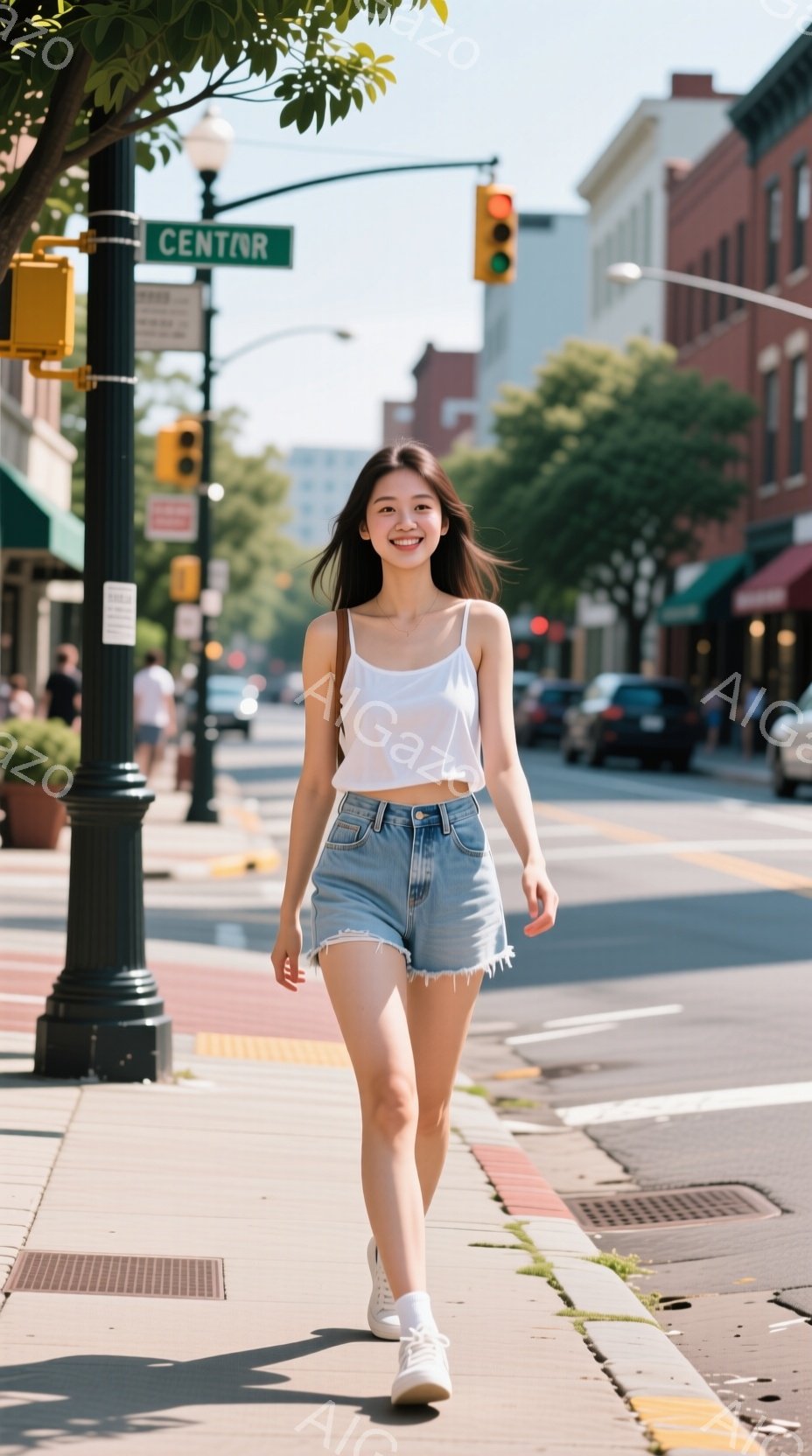 若い女性が歩道を歩いており、白いタンクトップと、裾がほつれたデニムのショートパンツ、白いスニーカーを着用しています。彼女は長い黒髪をなびかせ、わずかに微笑んでいます。背景には建物や木々が見え、晴れた日 - AI生成フリー素材