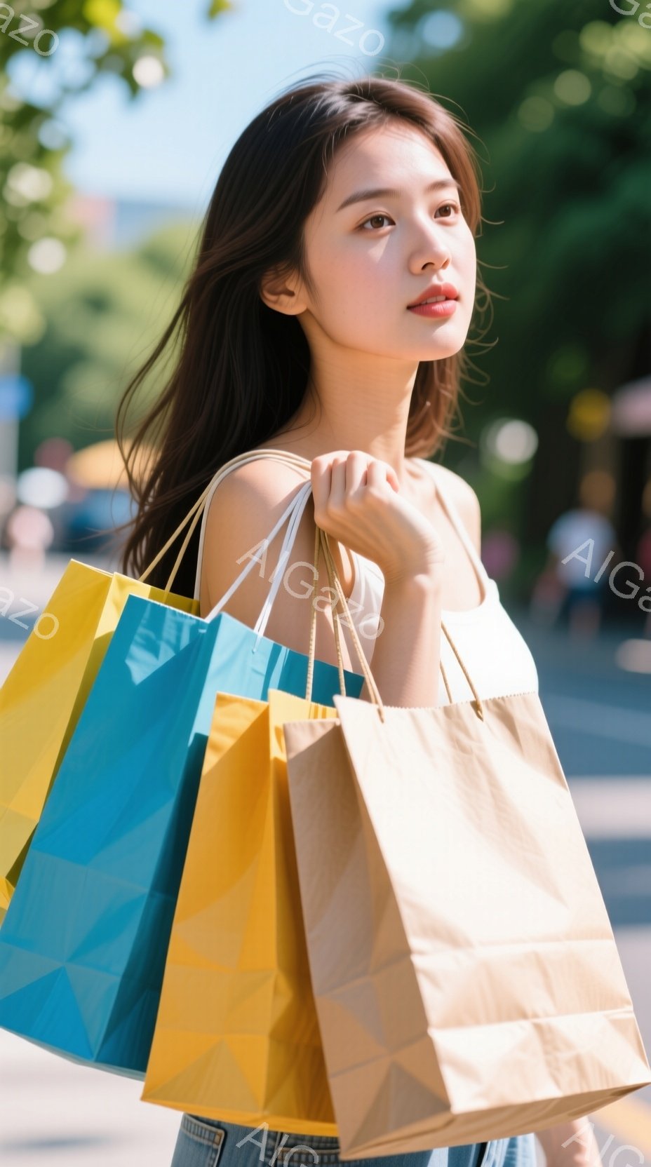 長い黒髪の女性が、複数のショッピングバッグを手にしている様子が写っています。彼女は肩出しのトップスと、おそらくデニムのスカートを着用し、少し上目遣いをして、どこかを見つめています。背景には、緑豊かな木 - AI生成フリー素材