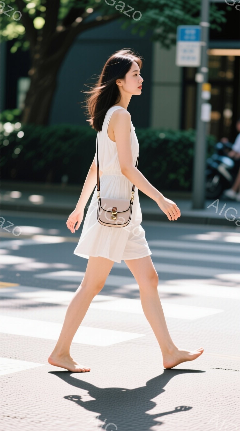 白いワンピースを着た女性が、道路の横断歩道を歩いている。彼女は黒髪で、肩まで伸びるストレートヘアであり、肩に小さなショルダーバッグをかけている。背景には木々や建物が見え、晴れた日の様子がうかがえる。