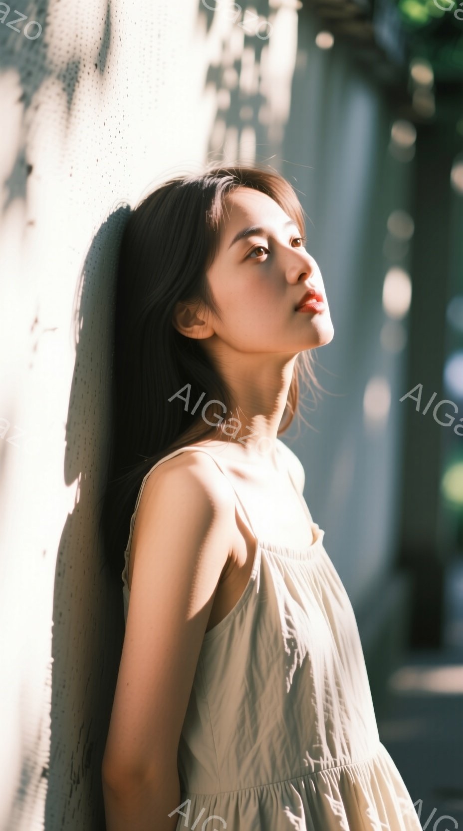 若い女性がコンクリートの壁に寄りかかり、顔をわずかに上に向けている。彼女は淡い緑色のストラップレスのワンピースを着ており、長い黒髪は自然に肩にかかっている。背景はぼやけており、日中の屋外のシーンで、光と影が壁にドラマチックなパターンを作っている。