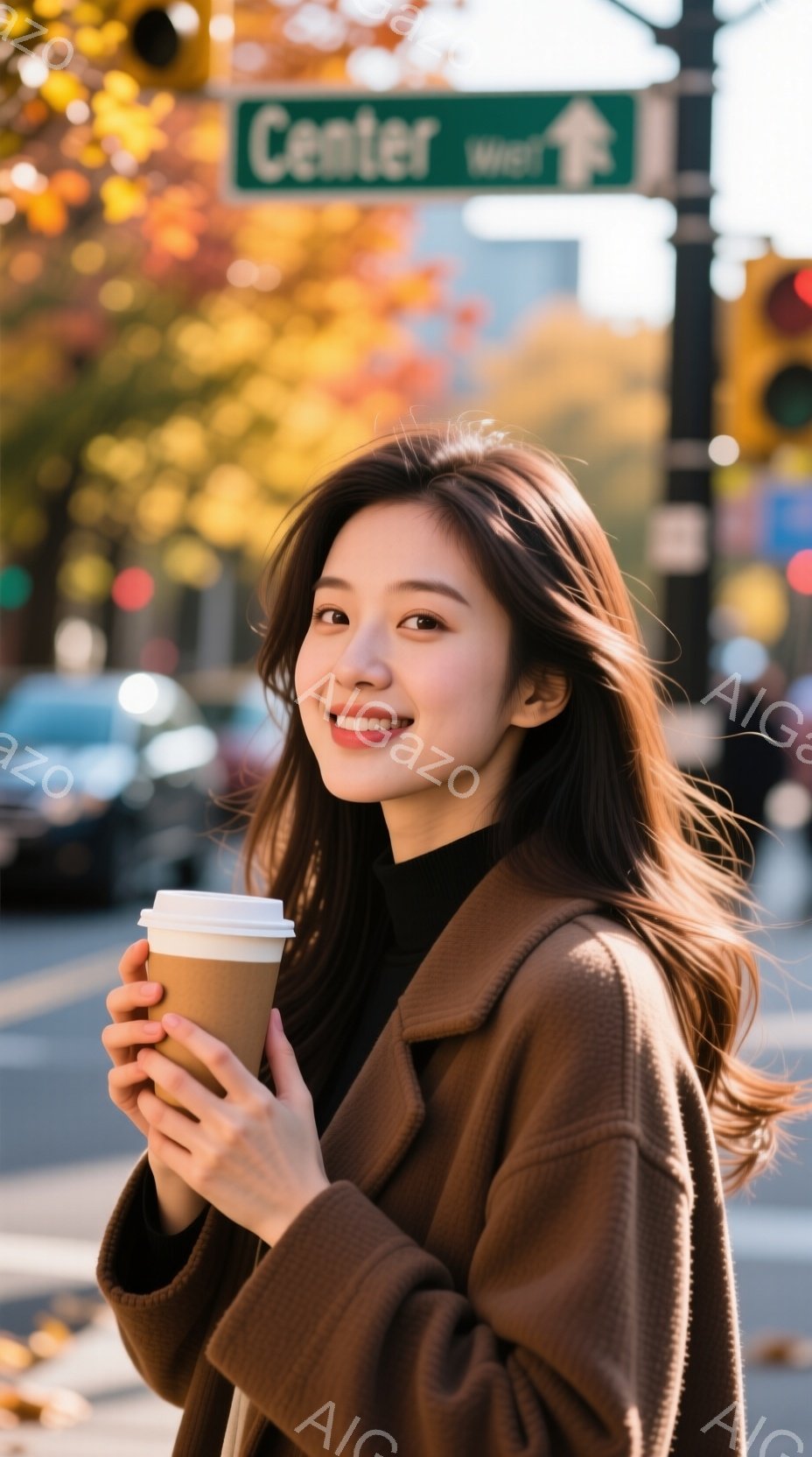 濃い茶色のコートと黒いタートルネックセーターを着た女性が、紙コップに入った飲み物を両手で抱えています。彼女は少し微笑んでおり、髪は風になびいて自然なカールを描いています。背景には街並みと信号機が見え、 - AI生成フリー素材