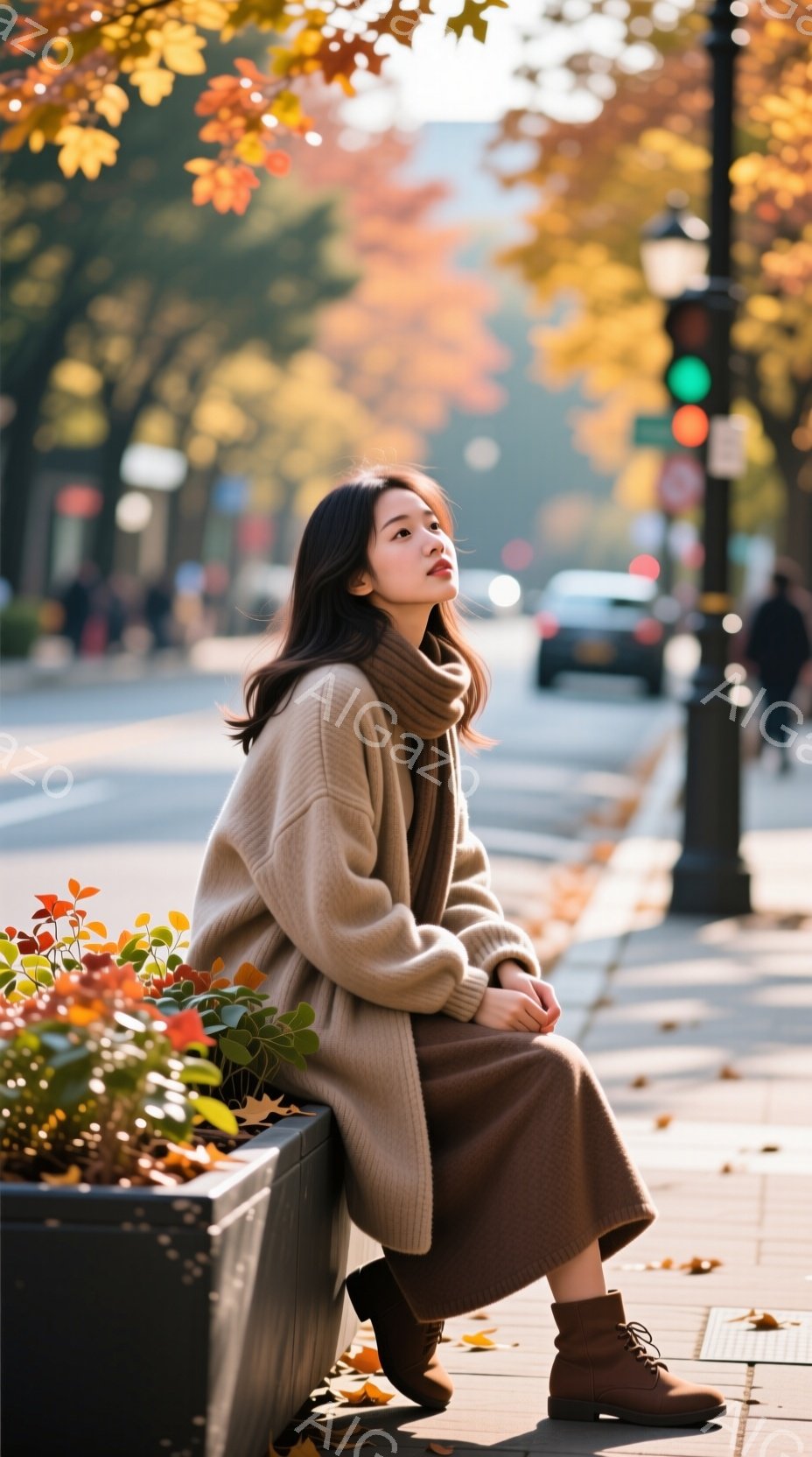 長い茶色のセーターとスカートを着た女性が、街路のプランターの縁に座っています。彼女は横を向き、少し上を見ているようで、表情は穏やかです。背景には、紅葉した木々や車両、歩行者が見え、秋の晴れた日の街並み - AI生成フリー素材