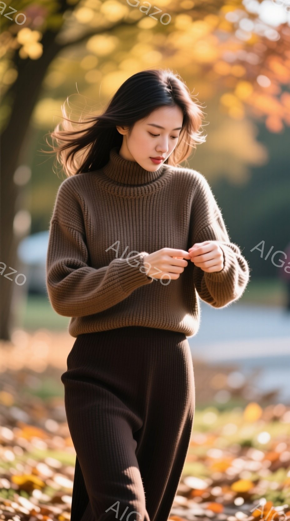 暖色系のざっくりとしたニットのセーターとスカートを身に着けた女性が写っている。彼女は少し下を向き、両手でセーターの襟元を軽く握りしめている。背景には落ち葉が敷き詰められた遊歩道と、ぼやけた木々が見え、 - AI生成フリー素材
