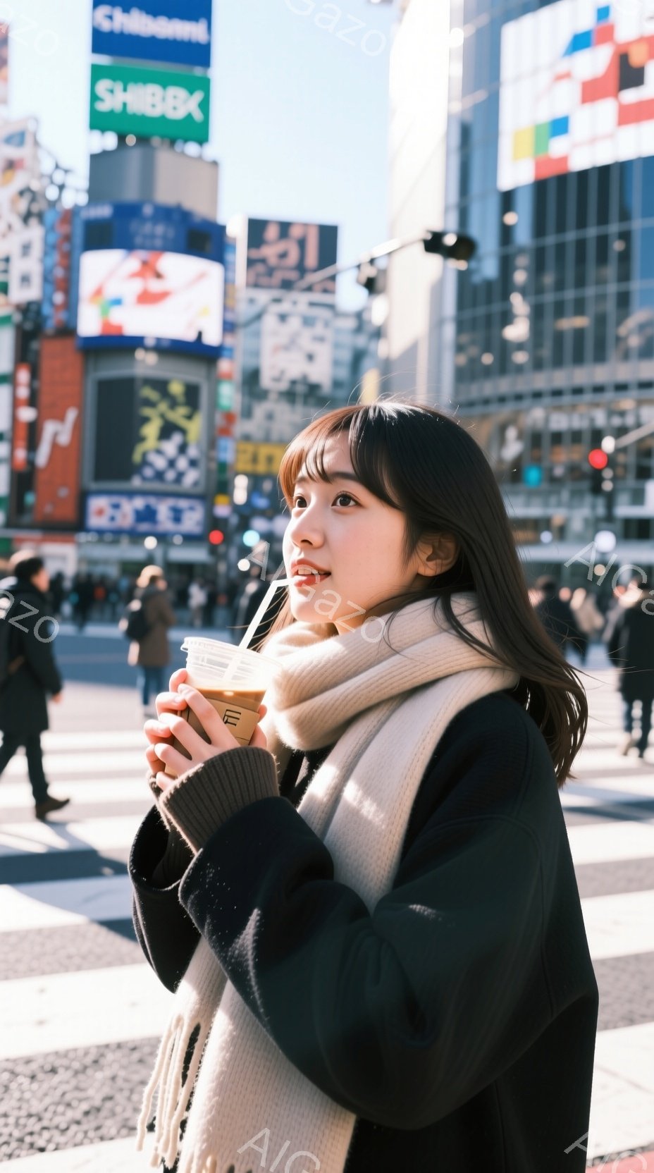 画像には、ストリートの真ん中で飲み物を手に持った若い女性が写っています。彼女は黒いオーバーサイズのジャケットと白いスカーフを着ており、長いダークヘアは肩にかかっています。背景には高層ビルやネオンサイン - AI生成フリー素材