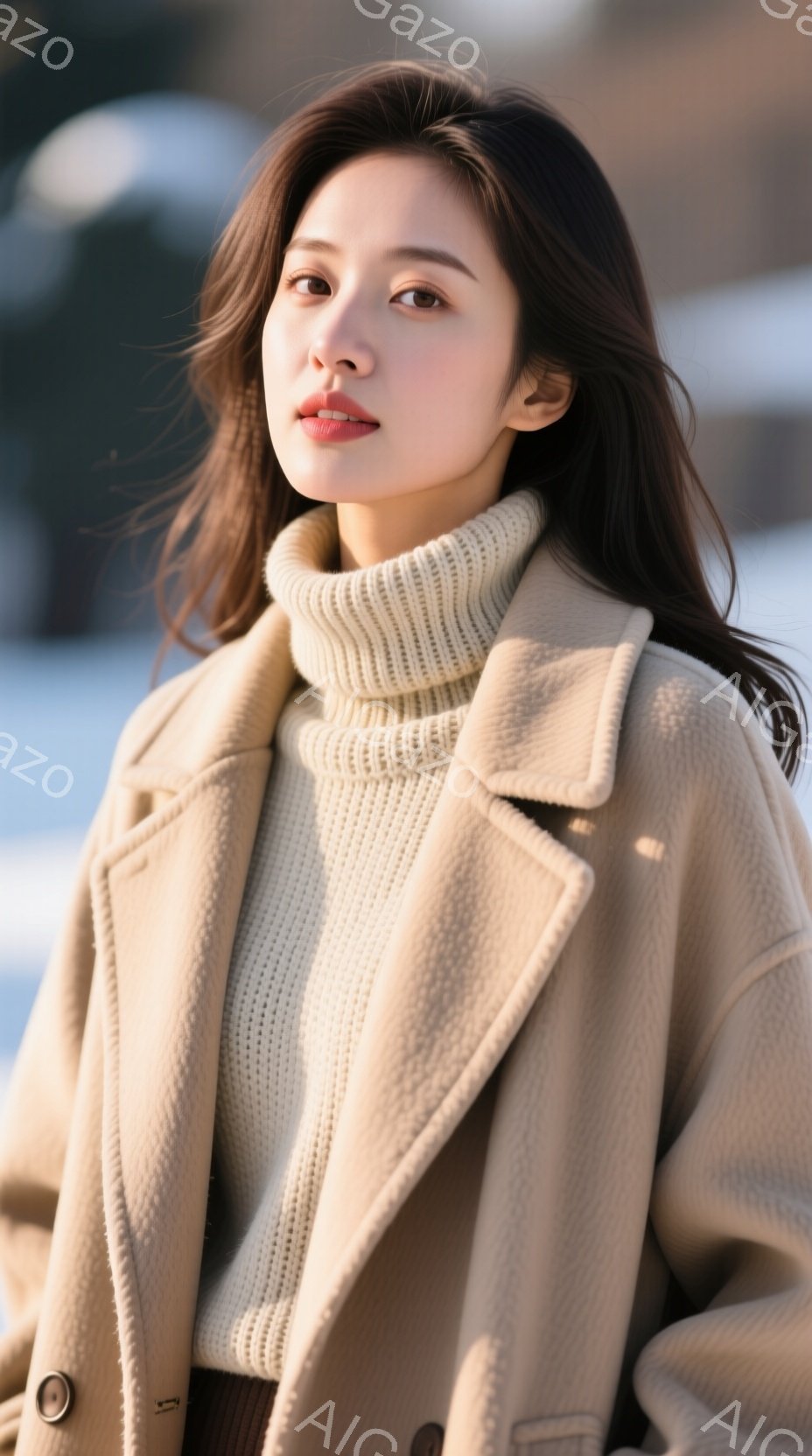 長いダークブラウンの髪は肩にかかり、柔らかいカールを描いています。彼女はベージュの厚手のニットセーターと、同じ色のオーバーサイズのコートを着ており、洗練された冬のスタイルを演出しています。背景はぼやけ - AI生成フリー素材