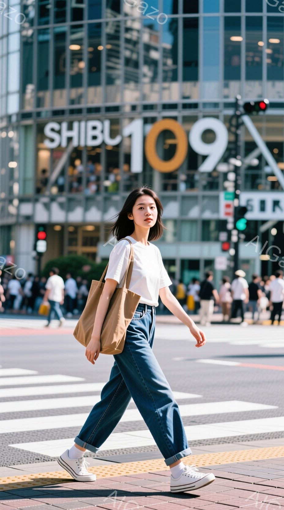 若い女性が渋谷のスクランブル交差点で歩いている様子が写っている。彼女は白いTシャツ、ゆったりとしたジーンズ、白いスニーカーを着用し、肩にベージュ色のバッグをかけている。背景には高層ビルが立ち並び、多く - AI生成フリー素材