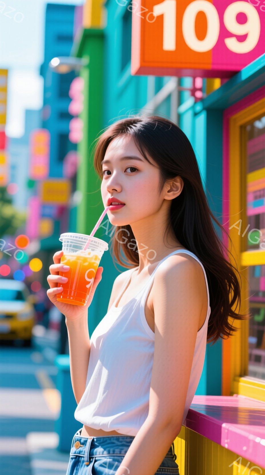 長い黒髪をサイドに流した若い女性が、オレンジ色のドリンクが入った透明なカップを持っています。白いタンクトップとデニムのショートパンツを着ており、少し微笑んだ表情をしています。背景にはカラフルな建物と道 - AI生成フリー素材