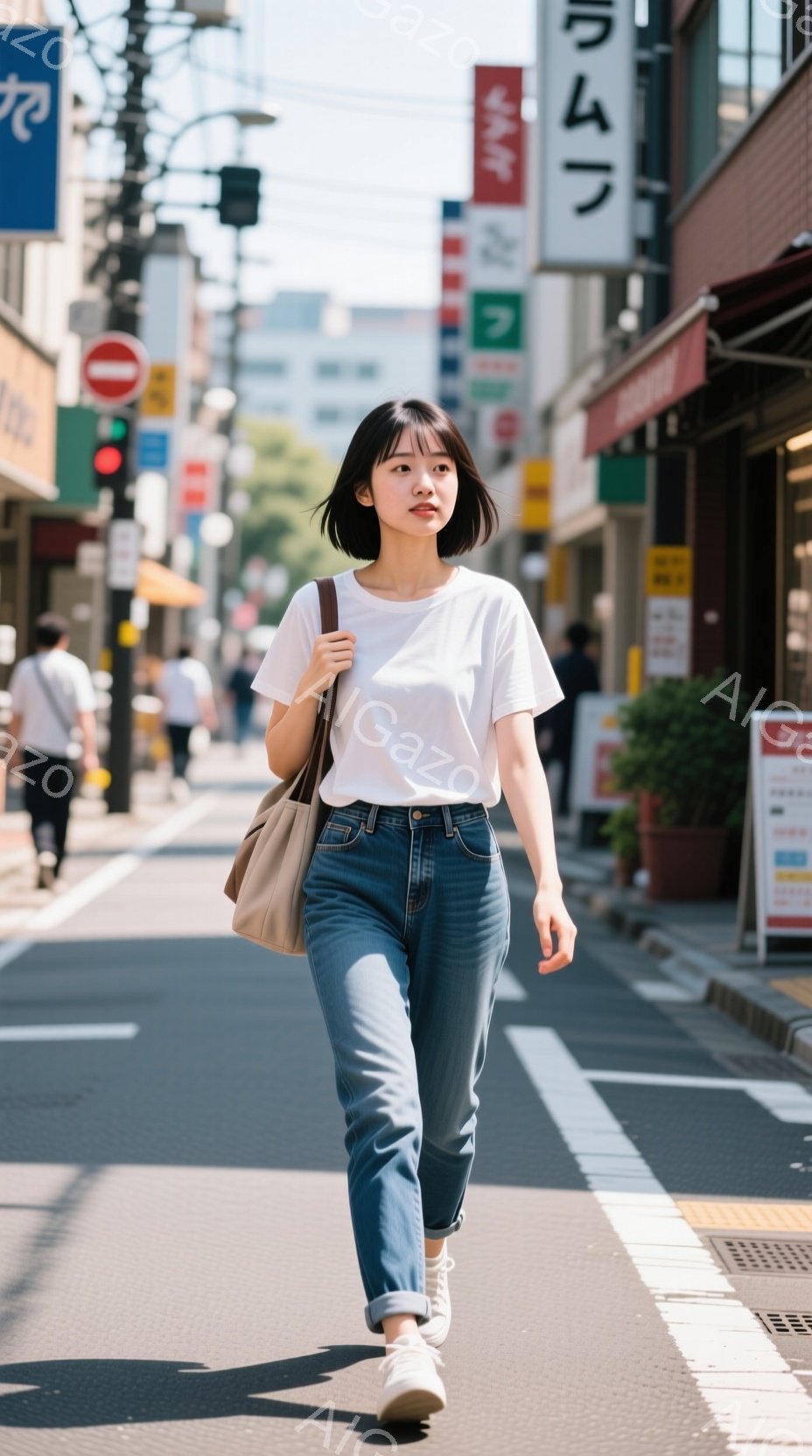 若い女性が歩道を歩いている。白のTシャツにデニムのジーンズ、白いスニーカーを履き、肩にベージュ色のバッグをかけている。背景には商店や建物が並び、日差しが強く、夏の街並みが感じられる。 - AI生成フリー素材