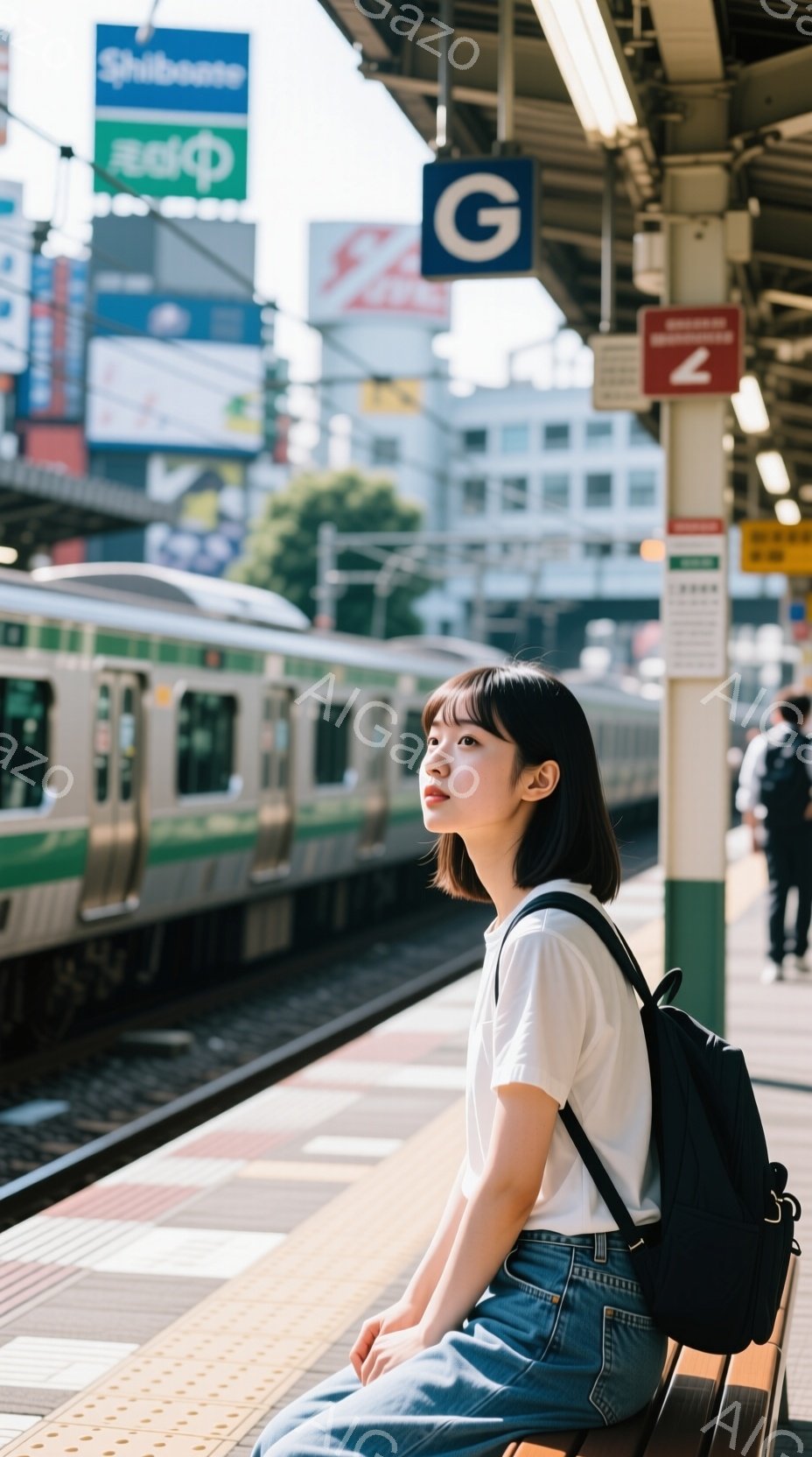 浅いブルーのデニムパンツと白いTシャツを着た若い女性が、駅のベンチに座って遠くを見つめている。彼女は黒いリュックサックを背負い、短い黒髪は肩にかかっている。背景には、線路、電車、そして高層ビルが写って - AI生成フリー素材