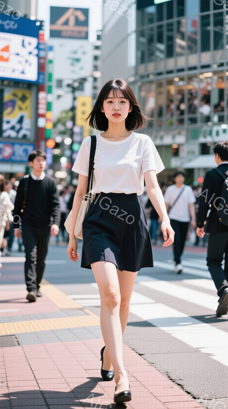 画像は、黒いミニスカートと白いTシャツを着た若い女性が、横断歩道を歩いている様子を捉えています。彼女は肩にクリーム色のバッグを掛け、黒いパンプスを履き、前髪を下ろしたショートヘアで、やや真剣な表情をし - AI生成フリー素材