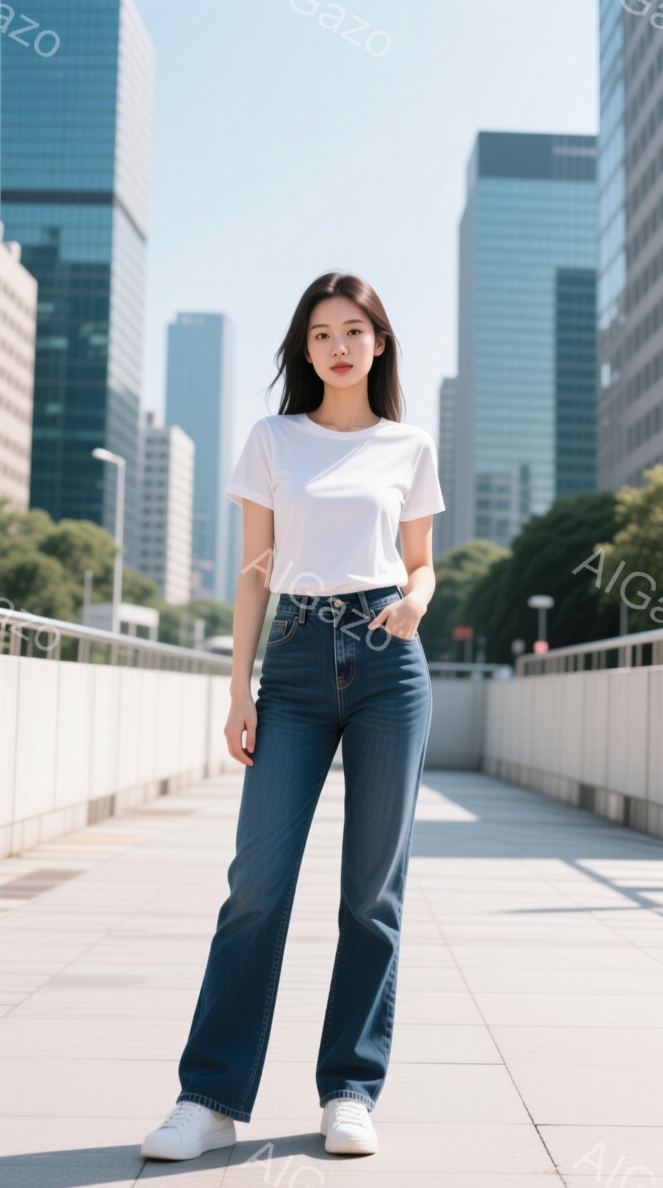 画像には、白いTシャツと濃いデニムのフレアジーンズを着用した若い女性が写っています。彼女は両手をポケットに入れ、リラックスした姿勢で正面を向いており、穏やかな表情をしています。背景には、近代的な高層ビ - AI生成フリー素材