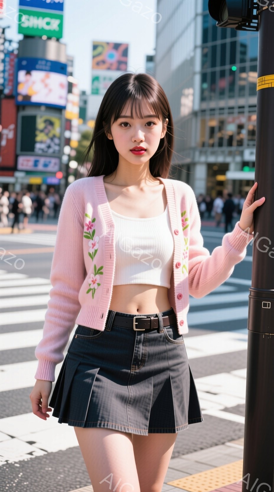 若い女性が交差点に立っており、ピンク色の花柄のカーディガン、白いタンクトップ、黒いプリーツスカートを着用しています。彼女は少し微笑んでおり、片手を腰に当ててリラックスした姿勢で立っています。背景には高 - AI生成フリー素材
