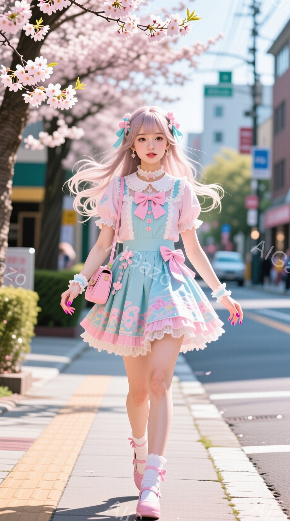 明るい青色のフリルワンピースにピンク色のリボンとアクセサリーを合わせた女性が写っています。彼女は長いピンク色の髪をなびかせ、微笑んでいます。背景には建物や道路が見え、桜の木が咲き誇り、春の穏やかな日差 - AI生成フリー素材