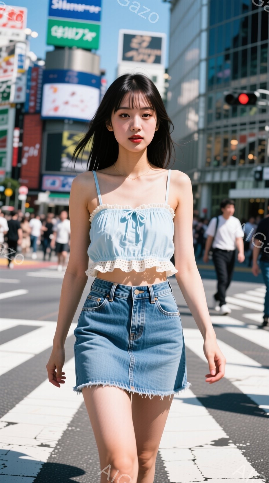 画像には、浅いブルーのフリル付きトップスとデニムのミニスカートを身につけた若い女性が写っています。彼女は黒髪で、前髪を少し分けており、表情はややクールで自信に満ちています。背景には賑やかな街並みと高層 - AI生成フリー素材