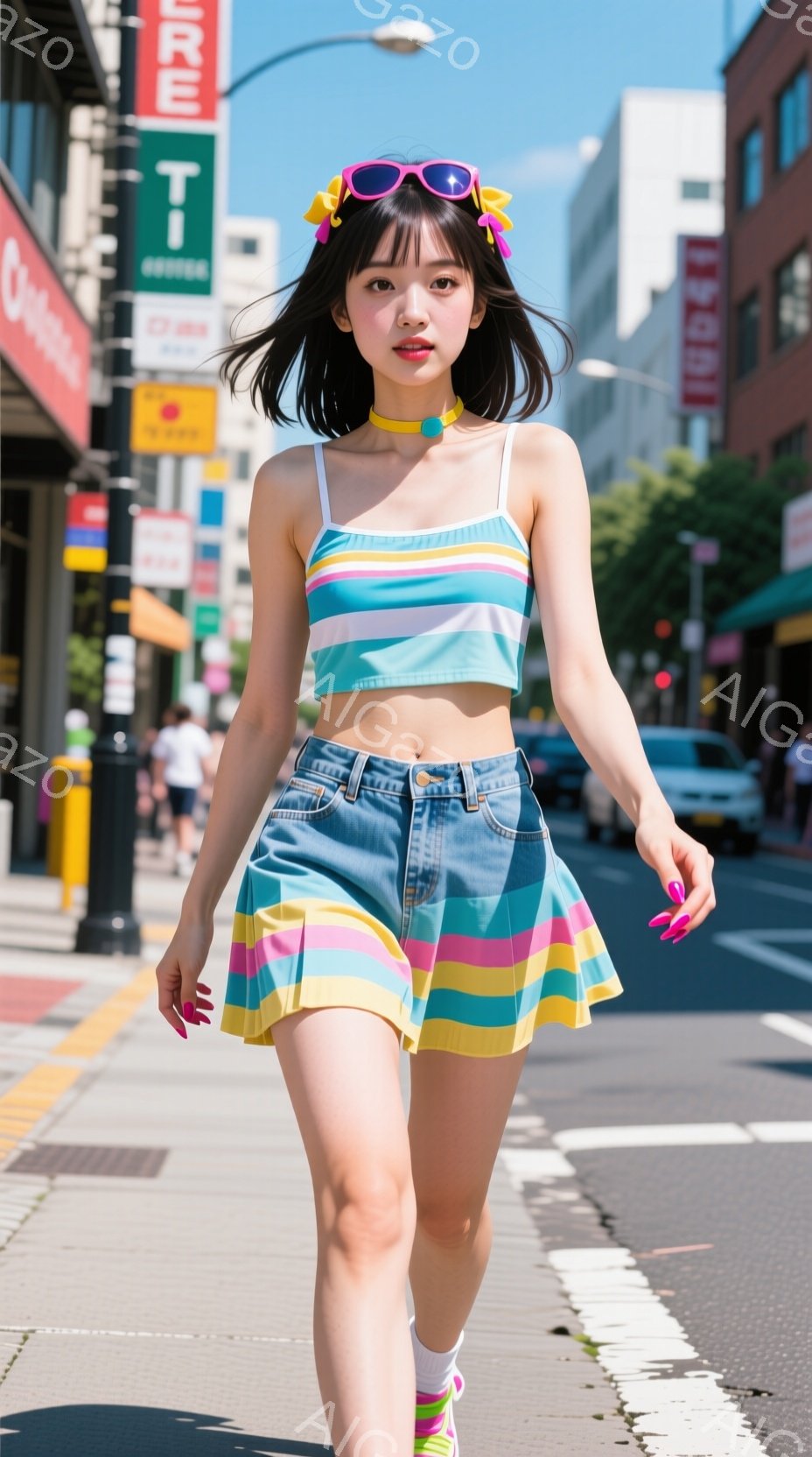若い女性がストリートを歩いています。彼女は明るい色のトップスとフレアスカート、白いソックスとカラフルなスニーカーを着用し、サングラスとチョーカーをつけています。背景には建物や信号機が見え、晴れた日の活 - AI生成フリー素材