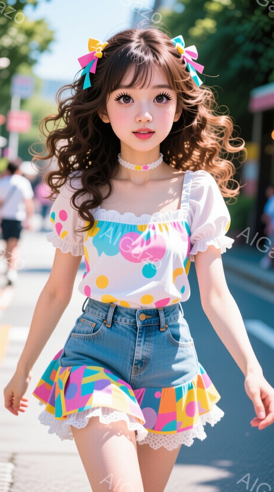 明るい日差しの下、ポツポツとした模様の白いブラウスと、カラフルなパッチワークが施されたデニムショートパンツを着用した若い女性が歩いている。彼女は肩まで豊かな巻き髪にし、リボンで結んでいる。表情は明るく - AI生成フリー素材