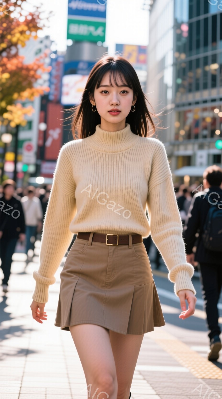 若い女性がベージュのニットセーターと、同じ色のミニスカートを着用し、街路を歩いています。彼女はダークカラーのベルトでウエストマークし、シンプルなアクセサリーを身につけています。背景には高層ビルや歩行者 - AI生成フリー素材