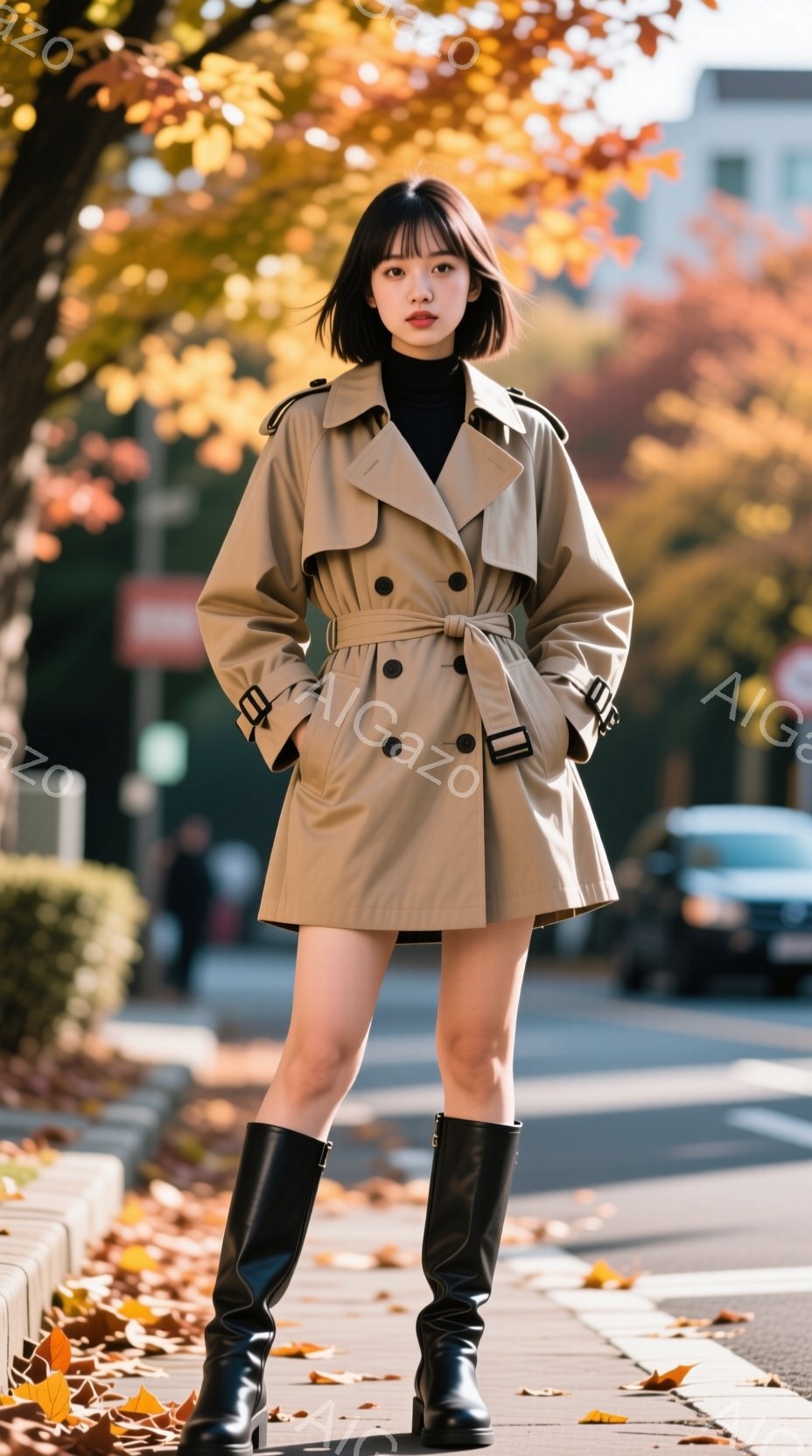 モデルはベージュのトレンチコートと黒の膝丈ブーツを着用し、黒いタートルネックセーターを着ています。彼女はストレートな前髪とサイドに髪を耳にかけたスタイルで、少し冷たい表情で正面を見つめています。背景に - AI生成フリー素材