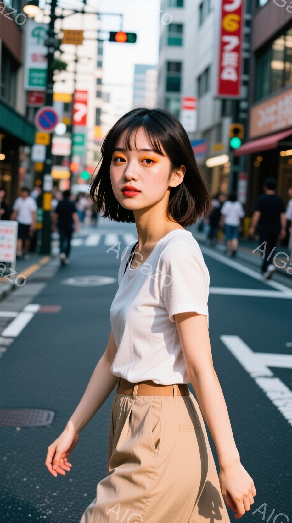 若い女性が街路を歩いており、白いTシャツとベージュのパンツを着用しています。彼女は前髪を少し長めに伸ばしたショートヘアで、顔はカメラに向かってわずかに傾き、口元には微笑みが浮かんでいます。背景には、雑 - AI生成フリー素材
