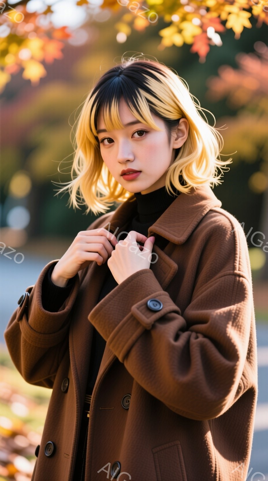 明るい茶色のオーバーサイズコートを着た若い女性が写っている。彼女は黒のタートルネックを着ており、明るい茶色の前髪とサイドに分けられた髪が特徴的だ。背景にはぼやけた木々と落ち葉があり、秋の穏やかな日差しの中で、彼女はコートを軽く抱え込み、穏やかな表情でこちらを見ている。