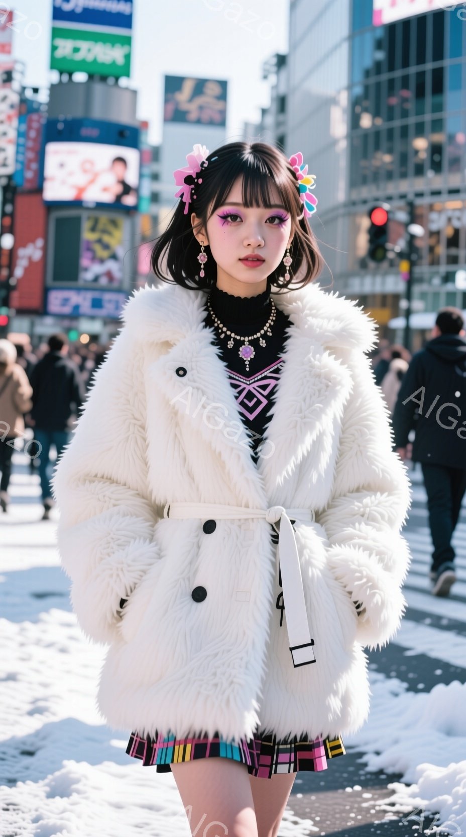 鮮やかな街並みを背景に、若い女性がふわふわの白いフェイクファーコートを着ています。彼女は黒のトップスに、カラフルなプリーツスカートを合わせ、首には複数のネックレスを重ね付けしています。ヘアスタイルは前 - AI生成フリー素材