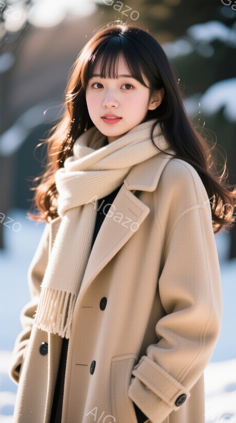 長い黒髪をセンターパートにした若い女性が、ベージュ色の厚手のコートとマフラーを身に着けて立っている。彼女は少し微笑んでおり、穏やかで優しい表情をしている。背景はぼやけており、雪景色が広がり、冬の静かで - AI生成フリー素材