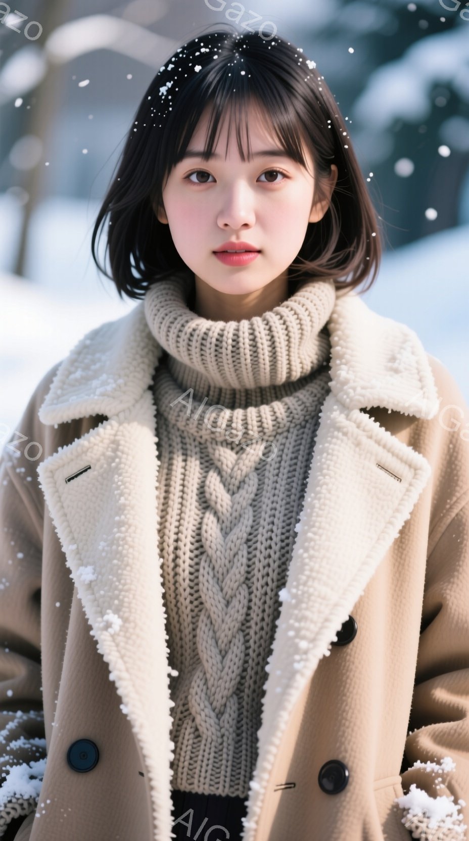 画像には、茶色のケーブルニットセーターとベージュのフリース裏地付きコートを着た若い女性が写っています。彼女は軽く微笑んでおり、短いダークブラウンのヘアスタイルで、前髪が少し目にかかっています。背景には - AI生成フリー素材