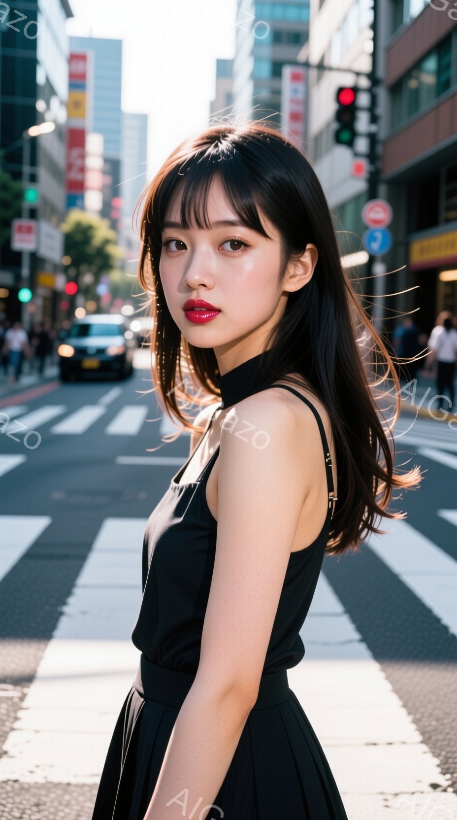 黒いキャミソールワンピースを着た若い女性が、横断歩道でカメラに向かって少し振り返っている。彼女は長い黒髪で、赤い口紅が印象的だ。背景には高層ビルが立ち並び、晴れた日の都会の風景が広がっている。