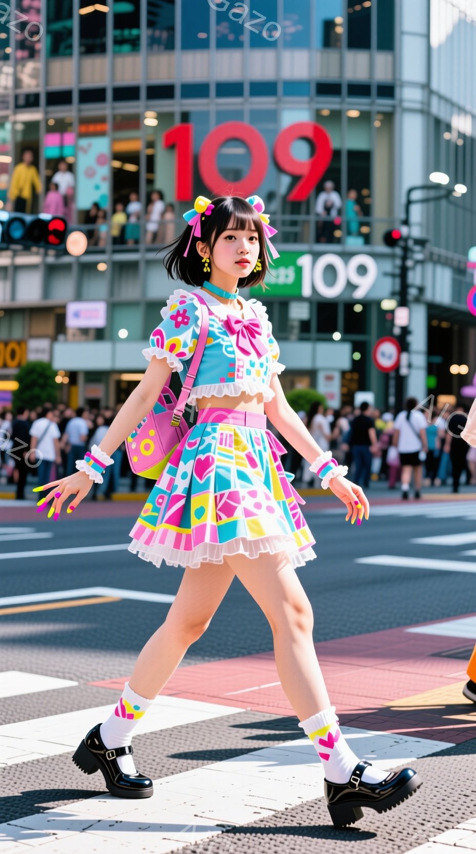 鮮やかな色のミニスカートと、それに合わせたタンクトップを着た若い女性が、渋谷のスクランブル交差点で歩いています。彼女は、ピンクのリボンで飾られたポニーテールと、明るい色のネイルが特徴で、自信に満ちた表 - AI生成フリー素材