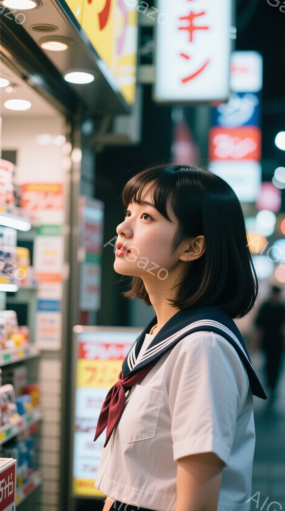 短い黒髪に前髪を下ろした若い女性が、白いセーラー服を着て、少し上を見ている。彼女の表情は穏やかで、どこか物憂げな雰囲気がある。背景には、看板や商品が並んだ店がぼやけて写っており、賑やかな都市の一角にあ - AI生成フリー素材