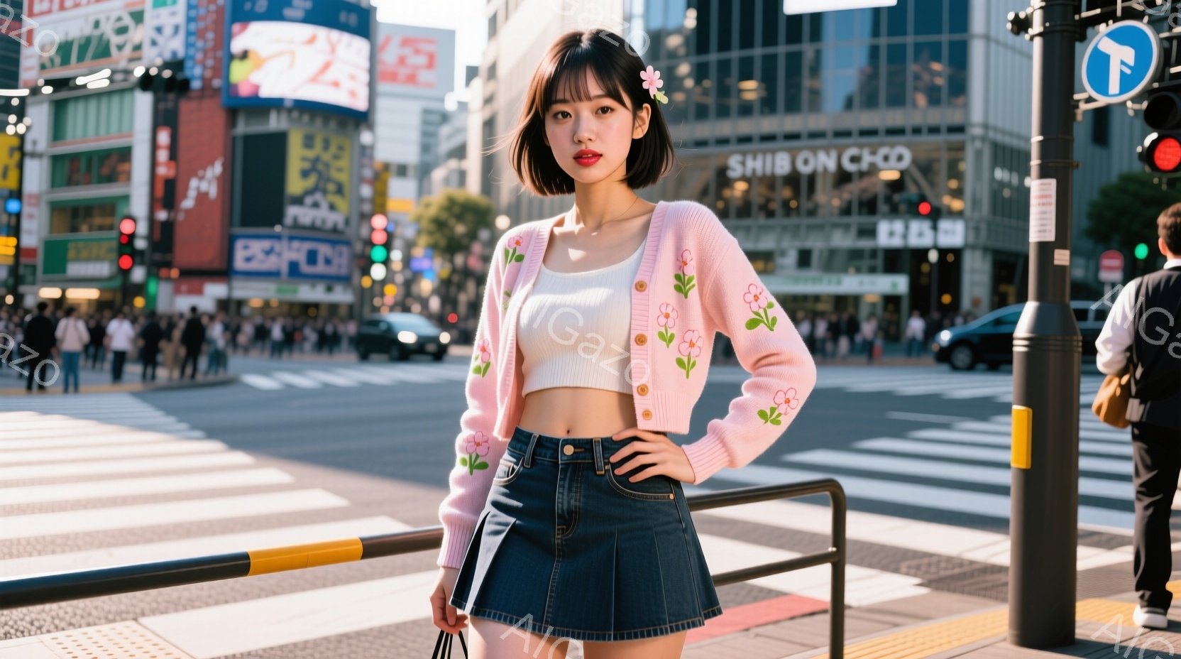 画像は、渋谷のスクランブル交差点の近くでポーズをとる若い女性を写しています。彼女は白いタンクトップに花柄のピンクのカーディガン、デニムのミニスカートを着用し、手にはバッグを持っています。背景には高層ビ - AI生成フリー素材