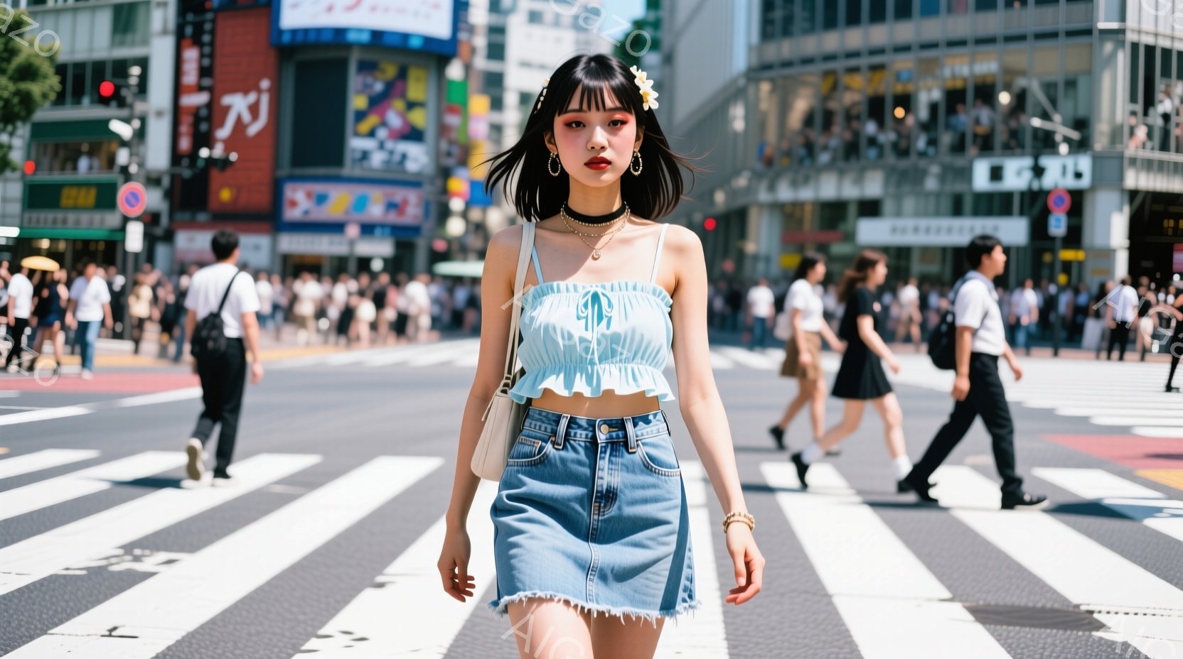 若い女性が横断歩道を歩いている。彼女は水色のオフショルダーのトップスとデニムのミニスカートを着用し、肩には小さなショルダーバッグをかけている。背景には高層ビルや多くの歩行者が写り、賑やかな都会の雰囲気 - AI生成フリー素材
