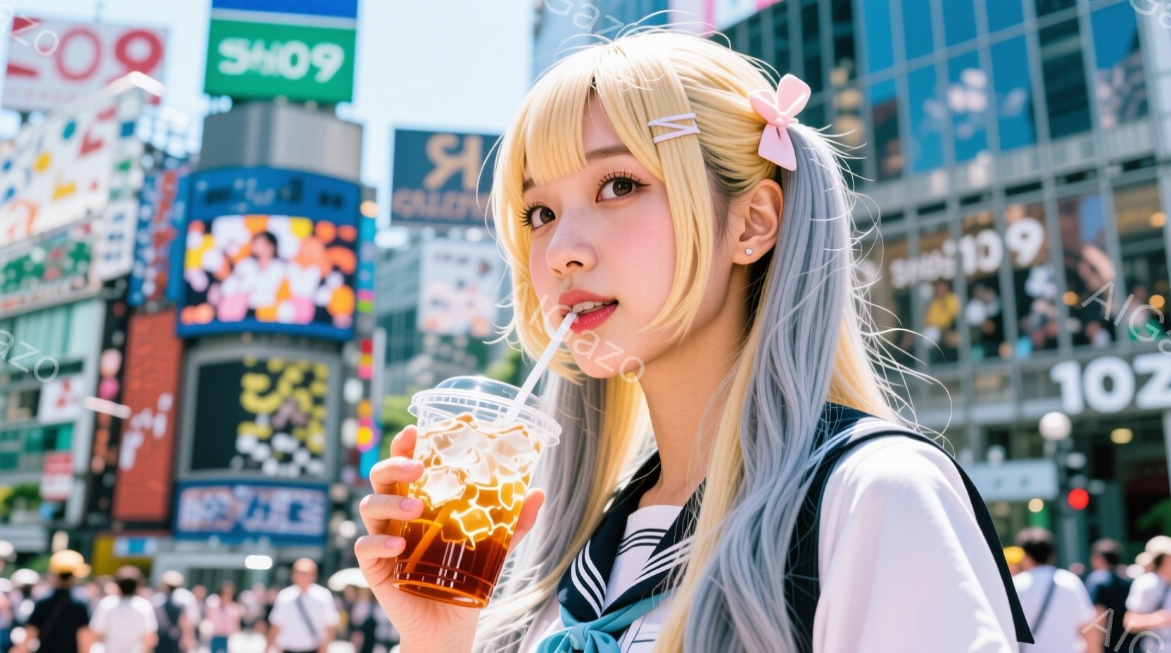 金髪のロングヘアをまとめ、リボンをつけた女性が、ストローで飲み物を飲んでいます。彼女は白いセーラー風のシャツと黒いベストを着ており、明るい表情でカメラを見つめています。背景には賑やかな渋谷の街並みと多 - AI生成フリー素材