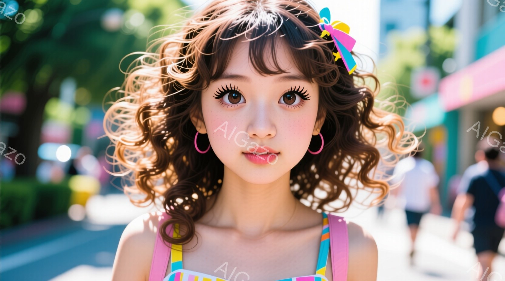 長い茶色の巻き髪にピンクの大きなリボンを付けた若い女性が、カメラに向かって正面を向いています。彼女はピンクと黄色のストライプのトップスを着ており、大きなつけまつげとピンクのイヤリングが印象的です。背景 - AI生成フリー素材