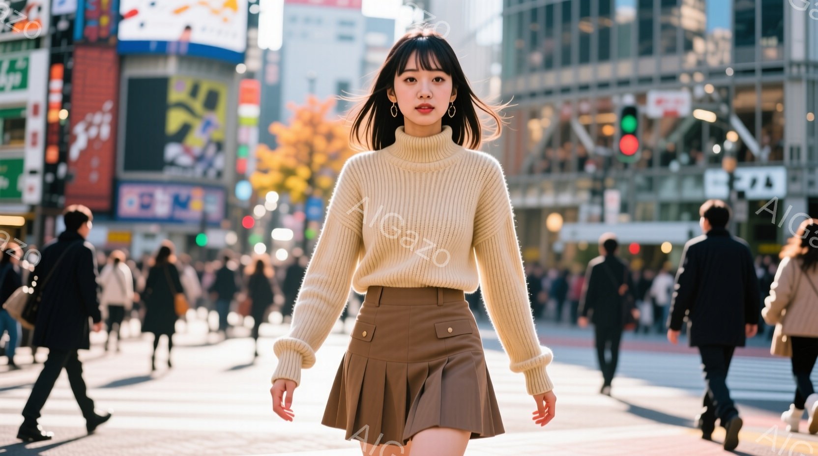 若い女性がベージュのニットセーターとプリーツのミニスカートを着用し、街路を歩いている。彼女は肩までの長さのダークブラウンの髪をしており、少し微笑んでいるように見える。背景には、賑やかな街並みと高層ビル - AI生成フリー素材