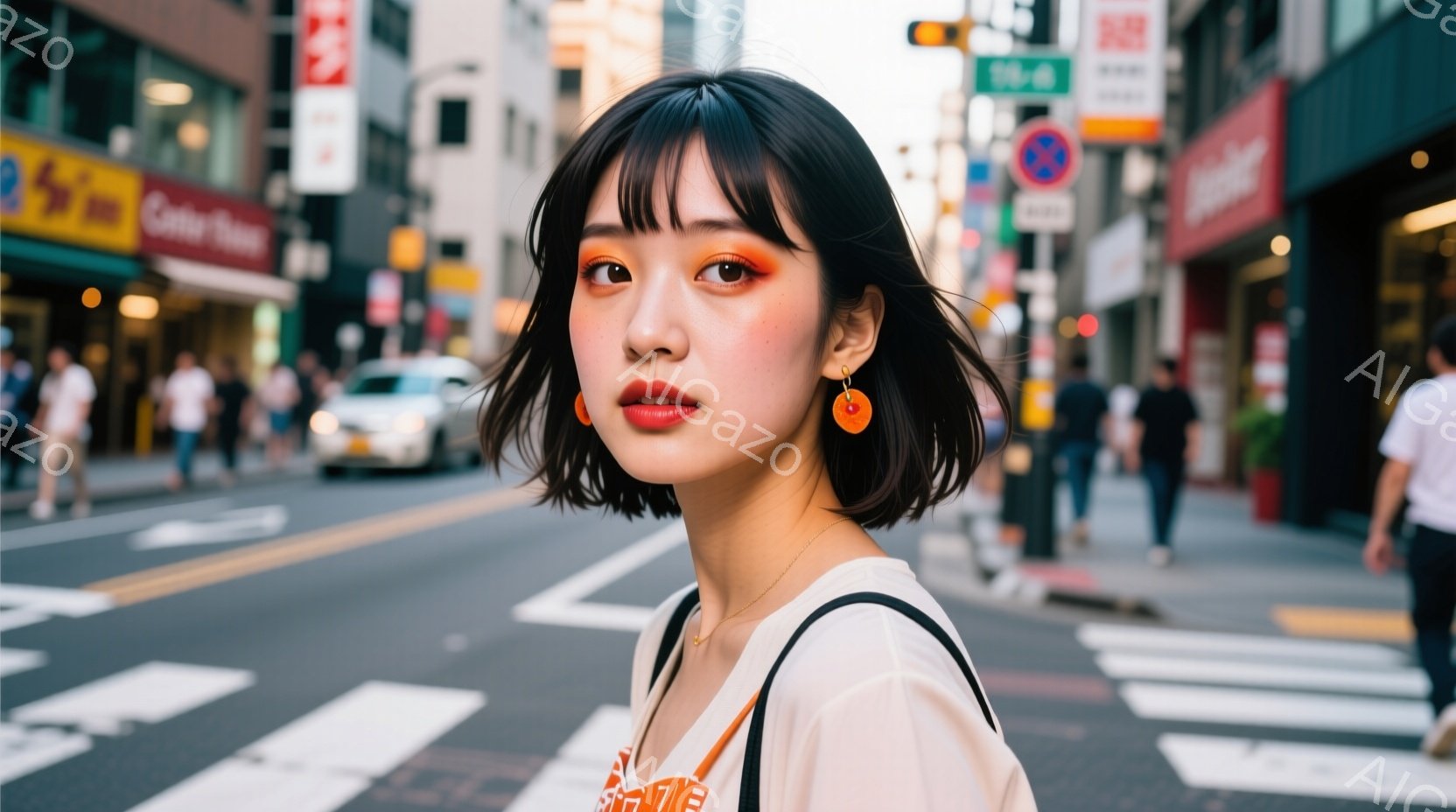 若い女性が街中で正面を見据え、少し微笑んでいます。彼女はクリーム色のトップスを着ており、短い黒髪とオレンジ色のイヤリングが特徴的です。背景には横断歩道と賑やかな街並みが広がり、活気のある都市の雰囲気が - AI生成フリー素材