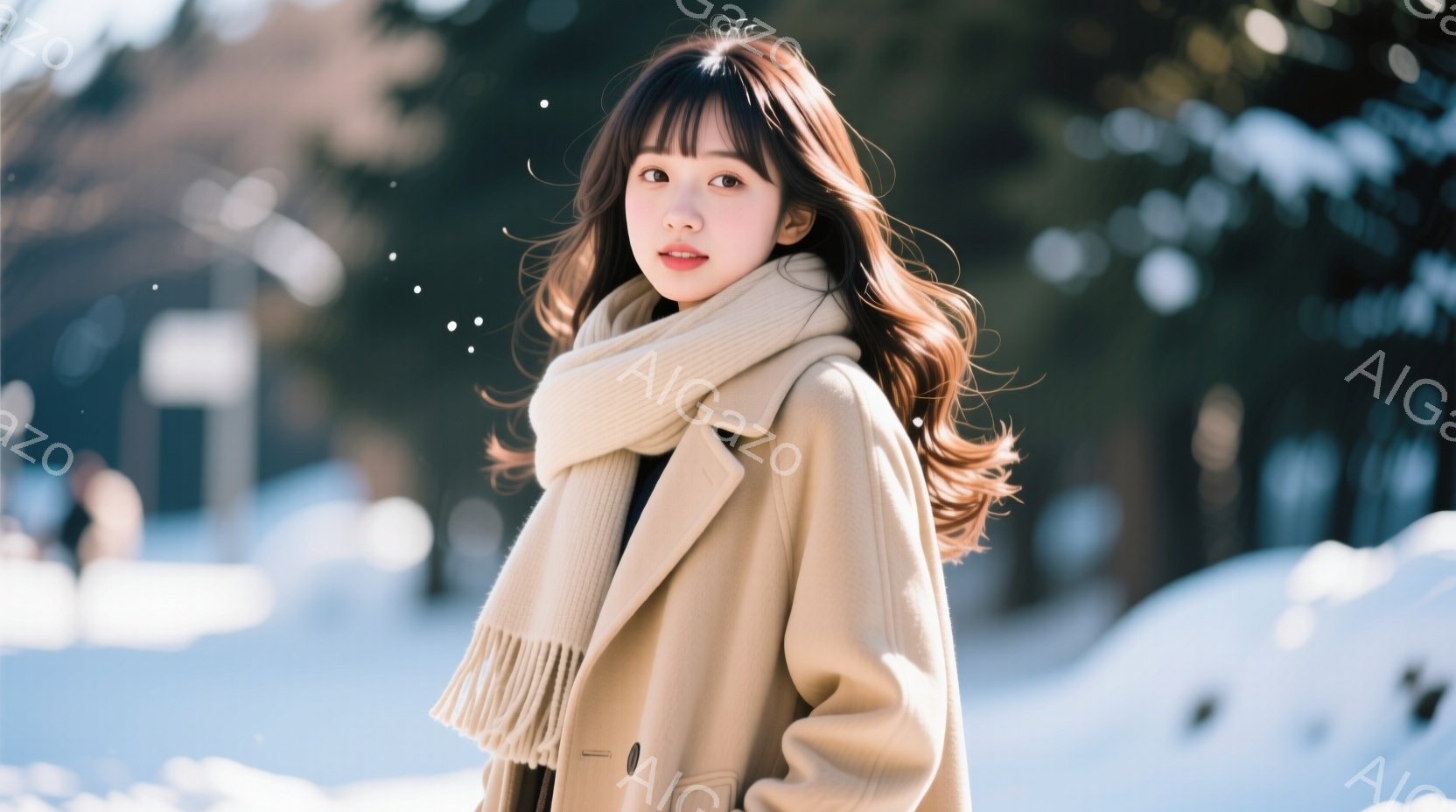 彼女はベージュ色のコートとマフラーを身に着け、ふんわりとしたヘアスタイルで、少し微笑んでいます。彼女は少し体をねじり、カメラの方を向いており、背景には雪景色とぼやけた建物が見えます。全体的に暖かく、穏 - AI生成フリー素材