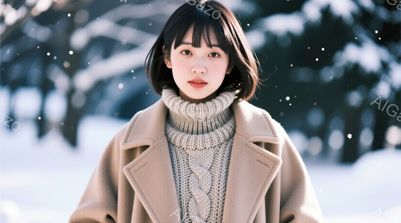 短い茶色の髪に前髪を下ろした若い女性が、ベージュ色のケーブルニットセーターとキャメル色のコートを着ています。彼女はまっすぐ前を見て、穏やかで控えめな表情をしています。背景は雪が降る冬の風景で、ぼやけた - AI生成フリー素材