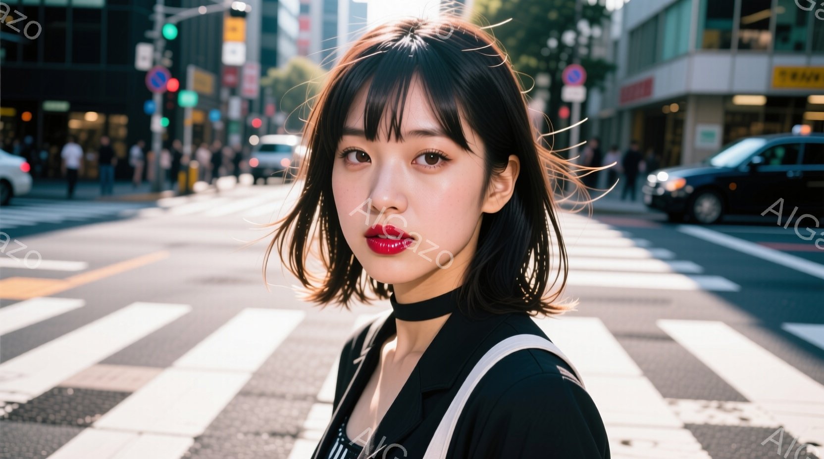 黒いジャケットとトップスを着た若い女性が、横断歩道でカメラに向かって少し微笑んでいます。彼女は短い黒髪で、鮮やかな赤い口紅を塗っています。背景には、交通量のある街並みと高層ビルが見え、晴天の下、活気の - AI生成フリー素材