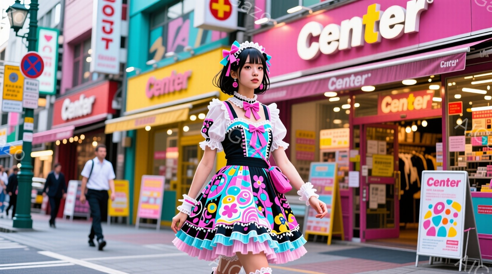 鮮やかなピンクと黒のカラフルなワンピースを着た若い女性が、渋谷の街を歩いている。フリルの多いスカートと、リボンと花柄が特徴的なデザインで、彼女は長い黒髪をツインテールにし、明るい表情でカメラの方を見て - AI生成フリー素材