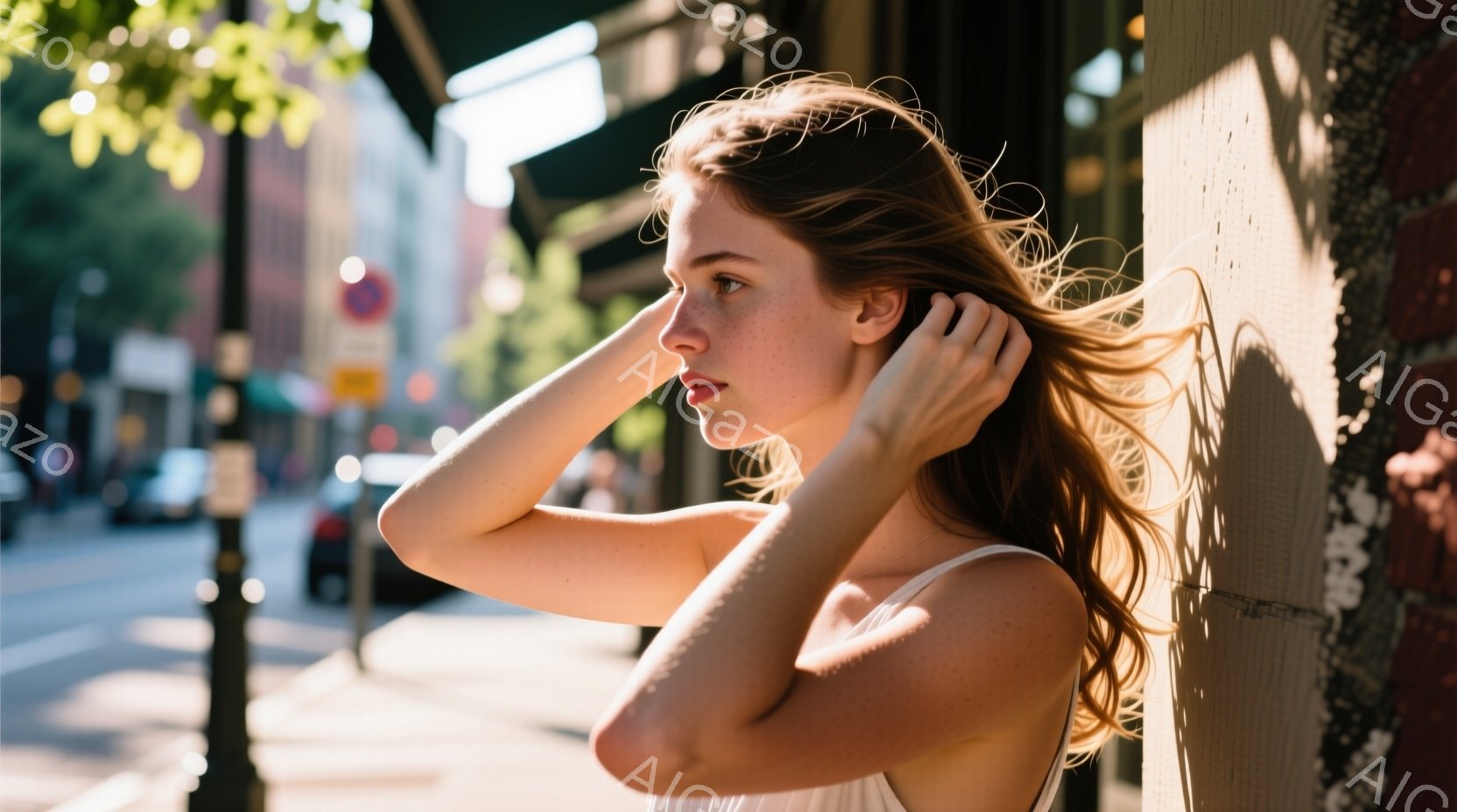 赤毛でそばかすのある若い女性が、日差しの強い街角でポーズをとっています。彼女は白いタンクトップを着ており、髪を両手で軽く掴んで少し上を向いています。背景にはぼやけた建物や車両が見え、全体的に明るく温かい雰囲気です。