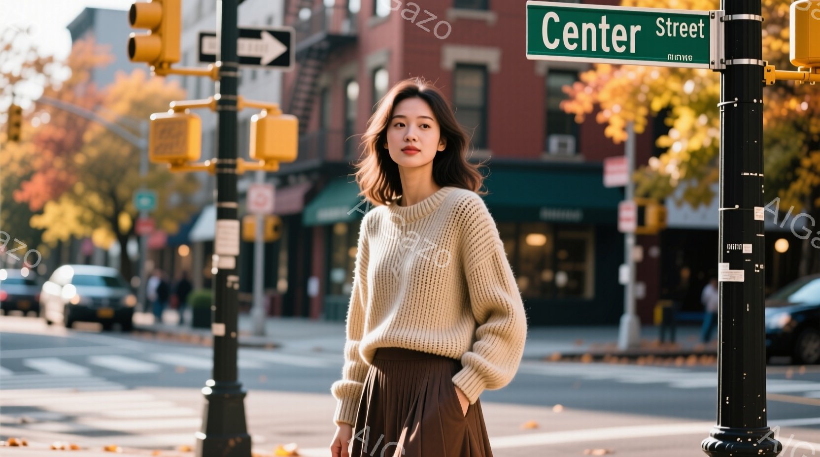 若い女性がベージュのざっくりとしたニットと、茶色のフレアスカートを身につけて立っている。彼女は軽く微笑み、リラックスした様子でカメラを見つめている。背景には、レンガ造りの建物、横断歩道、そして色づき始 - AI生成フリー素材