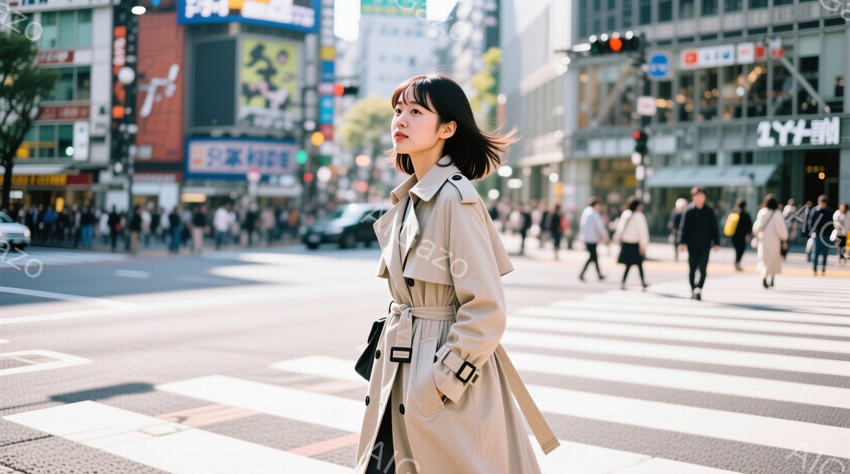 トレンチコートを着た若い女性が、賑やかな街の横断歩道を歩いている。彼女は黒髪のボブヘアで、横顔を見せており、少し微笑んでいるように見える。背景には高層ビルや多くの歩行者が写り、晴れた日の活気ある都会の - AI生成フリー素材