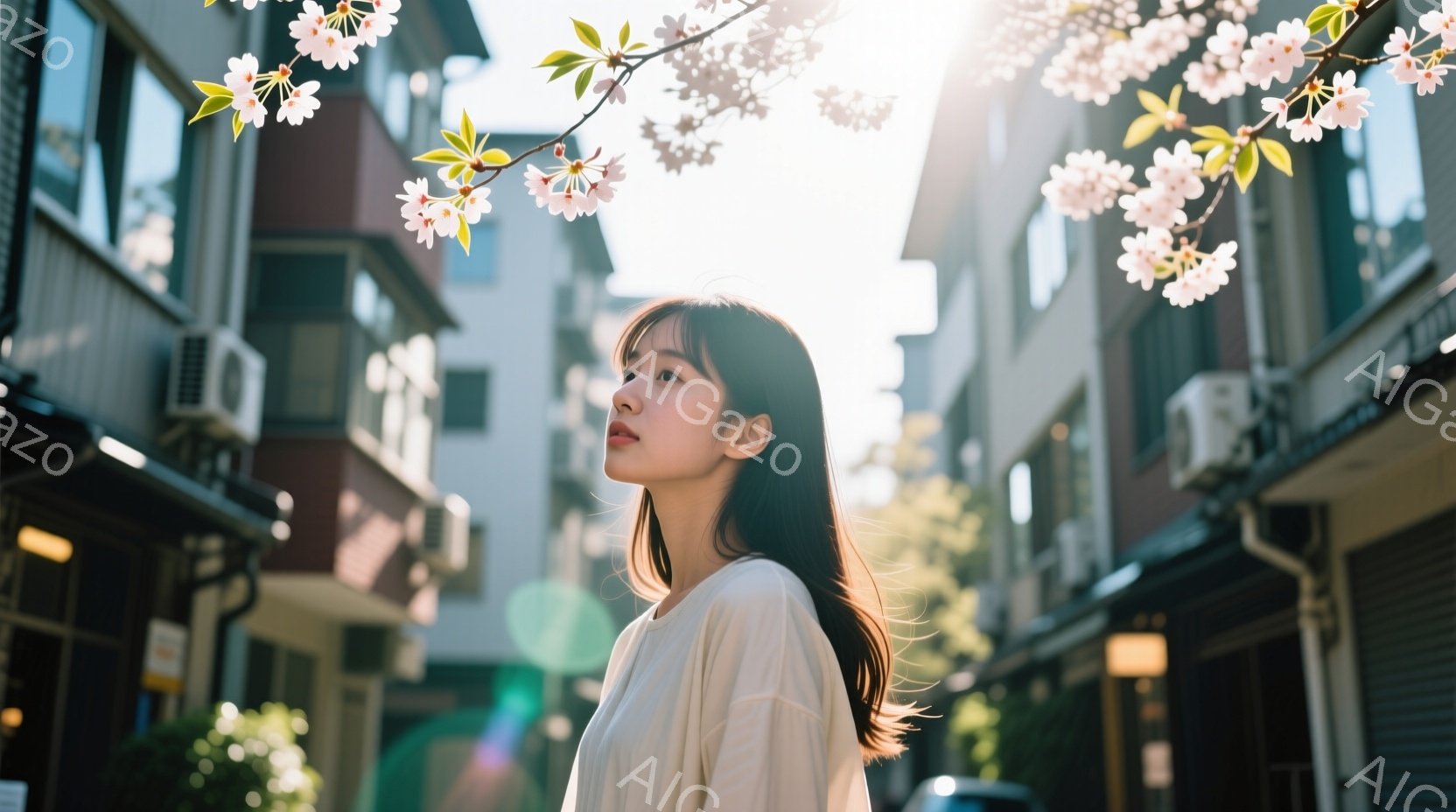 若い女性が、ベージュ色のゆったりとしたシャツを着て、少し上を見ている。彼女はダークブラウンのロングヘアで、わずかに微笑んでいるように見える。背景には古い建物が並び、薄暗い路地と、桜の花が咲き誇る木々が - AI生成フリー素材