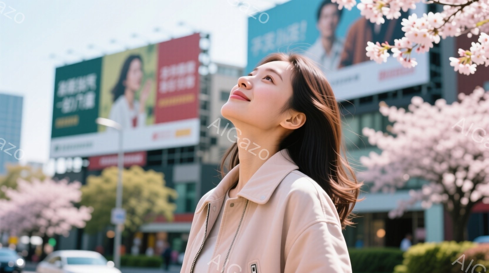 若い女性が、クリーム色のジャケットを羽織り、黒髪を肩まで伸ばしています。彼女は空を見上げ、穏やかな表情を浮かべています。背景には、近代的な建物と桜の木々が咲き誇り、春の暖かな日差しが感じられます。 - AI生成フリー素材