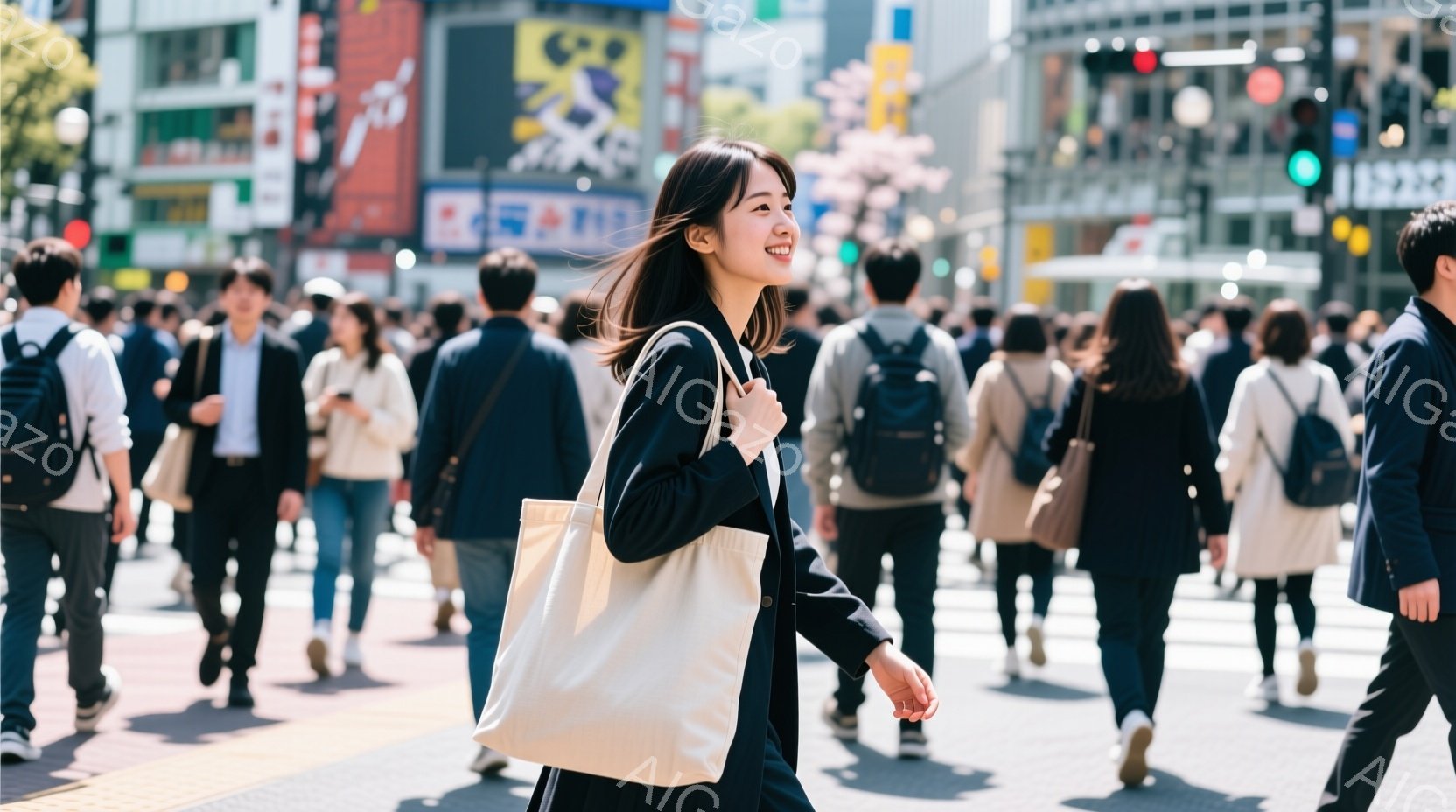 画像には、渋谷のスクランブル交差点のような賑やかな街中で、トートバッグを持った若い女性が歩いている様子が写っています。彼女は黒いジャケットを着ており、笑顔で前を見つめています。背景には多くの人が歩き、 - AI生成フリー素材
